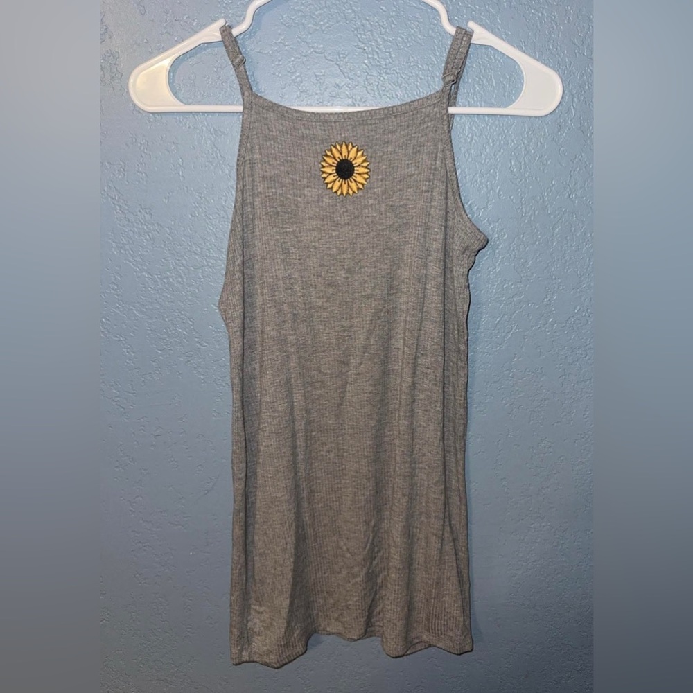 Olivia Kay Gray Ribbed Tank with Sunflower Patch